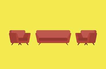 Cartoon picture of couch, sofa, chair. Vector illustration. Yellow Background.