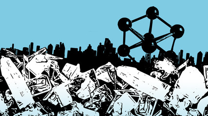 Illustration of a garbage mountain in Brussel. Waste in modern society. Plastic waste in pop art with Atomium