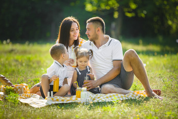 Young family having picnic outdoor. Mother, father and their kids having fun in the park. Summer resting at the nature.