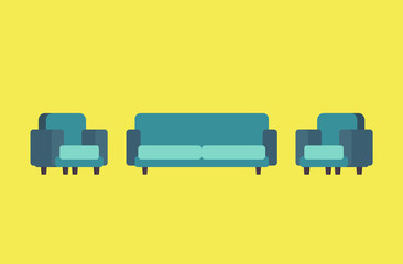 Cartoon picture of couch, sofa, chair. Vector illustration. Yellow Background.