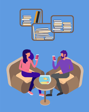 Cartoon picture of man and woman sitting on chair with smartphone in hand and goldfish in a fishbow, shelf of books. Vector illustration. Blue background.