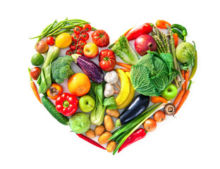 Heart shape by various vegetables and fruits. Healthy food concept - obrazy, fototapety, plakaty