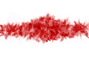 Freeze motion of red powder exploding, isolated on white background. Abstract design of red dust cloud. Particles explosion screen saver, wallpaper