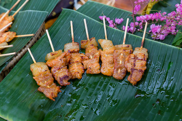 Barbecue pork Toast grill or Toast pork with Thai garnish nutrition preparation for cooking. Thai...