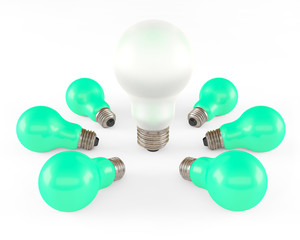 Green and white light bulbs placed in a circle on a white insulated surface-3D render