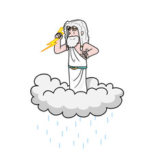 Hand drawn vector cartoon illustration of Greek God Zeus, stands on a cloud holding a thunder