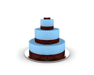 Blue cake on three floors with chocolate ribbons and bows on it isolated on white background