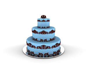 Blue cake on three floors with chocolate ornaments on it isolated on white background