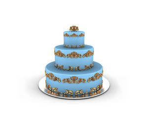 Blue cake on three floors with gold ornaments on it isolated on white background