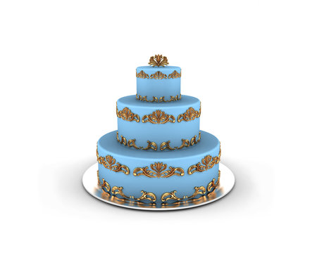 Blue cake on three floors with gold ornaments on it isolated on white background
