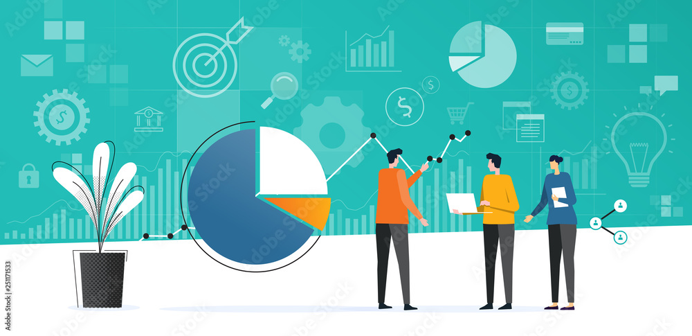Poster flat business team meeting working  analytics and monitoring investment finance plan on report graph dashboard concept
