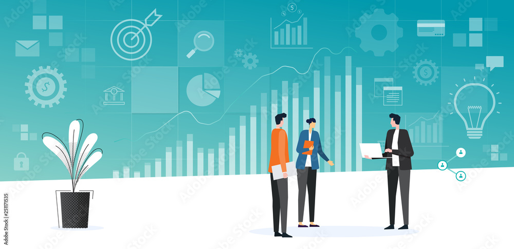 Poster flat business team meeting working analytics and monitoring investment finance plan on report graph 