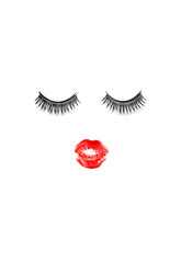 Creative concept beauty photo of lashes extensions and lipstick on white  background.