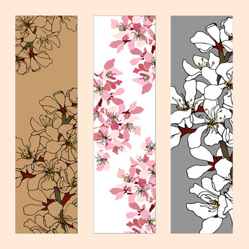 A set of floral bookmarks, flyers with pink and white flowers for layout, corporate identity and design. Flat style vector illustration.