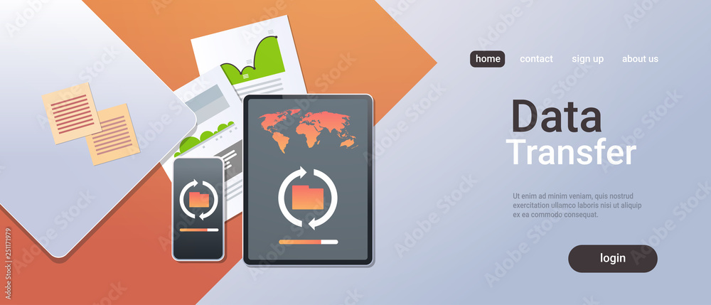Poster data transfer cloud computer connection database synchronize concept top angle view desktop tablet s