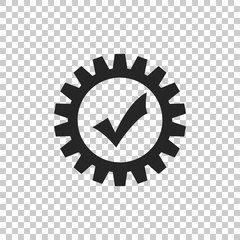 Gear with check mark icon isolated on transparent background. Cogwheel simple icon. Approved service sign. Transmission Rotation Mechanism symbol. Flat design. Vector Illustration