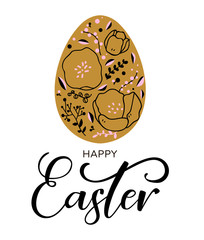 Happy Easter text lettering with gold paschal egg. Eps 10.