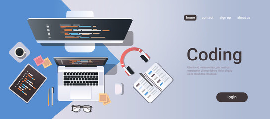 web site design development program coding concept top angle view desktop computer monitor tablet laptop screen organizer office stuff horizontal copy space