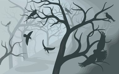 Black crows in a terrible foggy forest.