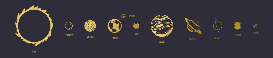 Golden planet icon set. Eps 10.