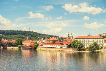 Fototapeta premium Prague panorama city skyline and Charles Bridge, Prague, Czechia. Boat cruise on Vltava river