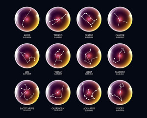 Set of zodiac constellation signs in luminous balls