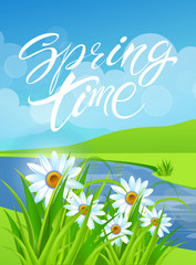 Fototapeta na wymiar Spring time. Handwritten calligraphy lettering with grass background. Vector image.