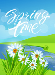 Obraz premium Spring time. Handwritten calligraphy lettering with grass background. Vector image.