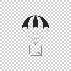 Box flying on parachute icon isolated on transparent background. Parcel with parachute for shipping. Delivery service, air shipping concept, bonus concept. Flat design. Vector Illustration