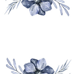 Watercolor border of blue flowers and leaves