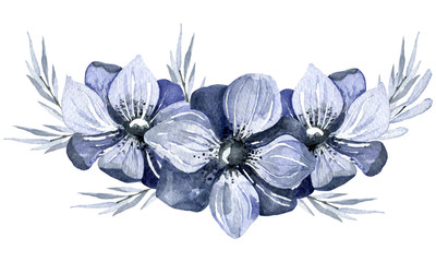 Watercolor composition of blue flowers and leaves