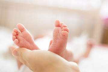 Baby feet in mother hands. Mom and her Child. Happy Family concept.