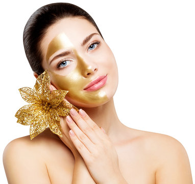Woman Gold Mask, Beautiful Model Golden Facial Skin Cosmetic, Colored Half Face, Beauty Skincare And Treatment