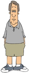 Sad man wearing shorts with hands in his pockets