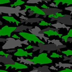 Seamless pattern of fishing camouflage. Green camo of fish