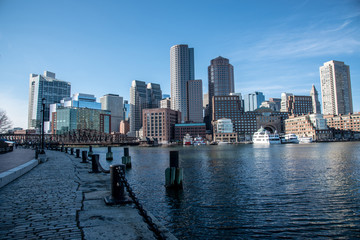 Fototapeta na wymiar Boston financial district skyline from the Harborwalk
