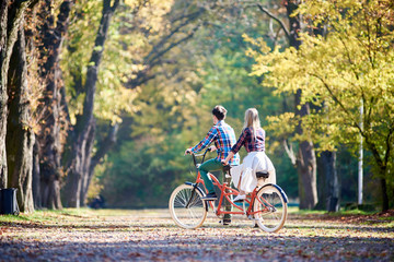 Fototapeta premium Back view of young romantic couple, man and blond woman cycling red tandem bike along autumn park or forest alley lit by bright sun and covered with golden leaves on green and yellow trees background.