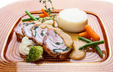 Pork roll with steamed vegetables