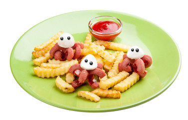 French fries with sausage funny octopuses. Meals for children.