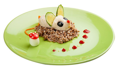 Funny mouse - chicken cutlet on buckwheat porridge. Meals for children.