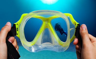 Underwater view through mask of diver image