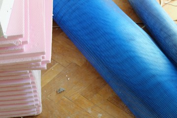 Fototapeta na wymiar styrofoam and blue net for isolation