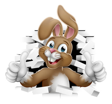 recommend clip art: Easter bunny rabbit cartoon character breaking through the background wall and giving a thumbs up