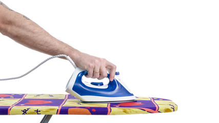 Iron in hand on iron board on white background isolation