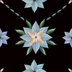 geometric turquoise leaves pattern seamless on black background