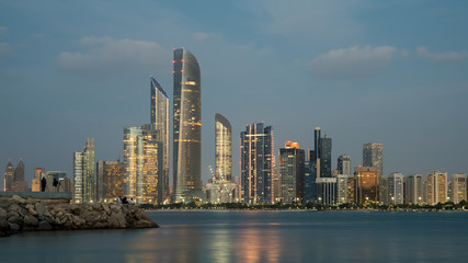Abu Dhabi Seascape, High rise buildings of Abu Dhabi City at blue hour