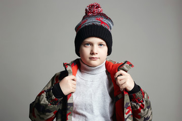 portrait of Fashionable Boy in winter outerwear