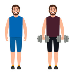 The bearded male athlete holds dumbbells, the guy plays sports, the man performs physical exercises. character in cartoon style