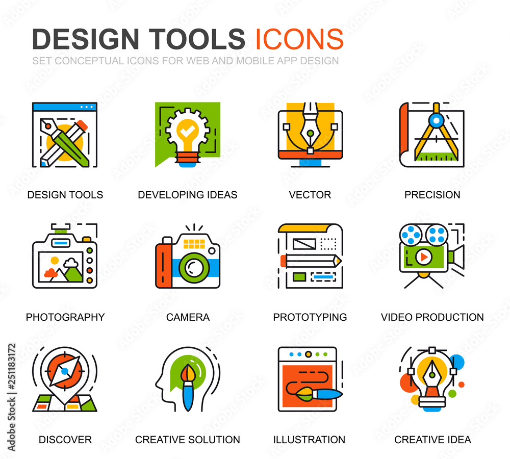 Poster simple set design tools line icons for website and mobile apps. contains such icons as creative, dev