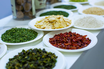 A picture of a composition of various dried fruits on a market
